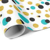 ランダム円パターンブラックブルー&金ゴールドグリッター ラッピングペーパー (ロールコーナー)