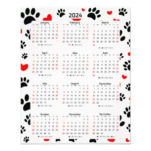 ランダム犬の手のプリントと赤いハート2024カレンダー フォトプリント