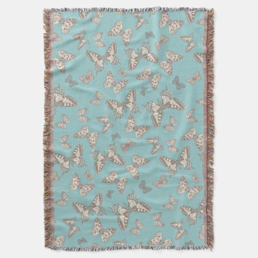 ランダム蝶のインクスタイルティール(緑がかった色)パターン投げ スローブランケット (正面縦)