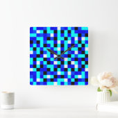 ランダ市松模様にムピクセルアート – 青と白 スクエア壁時計 (ホーム)