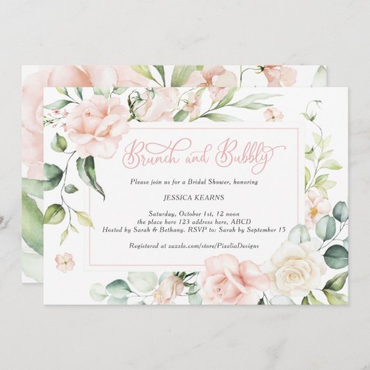 ランチとバブル ブライズシャワー ピンクの花 招待状 (正面/裏面)