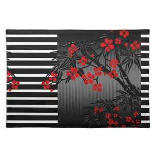 ランチョンマットのアジア白黒の赤いタケ花 ランチョンマット