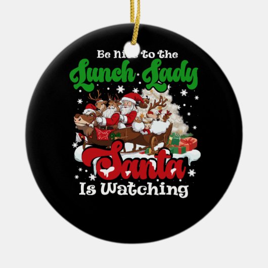 ランチレディーサンタがクリスマスRを見ている優しい セラミックオーナメント (正面)