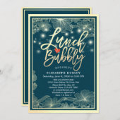 ランチ&バブリーブライダルシャワーブルー金ゴールドフローラライト 招待状 (正面/裏面)