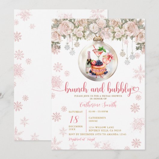 ランチ＆バブル クリスマス ディナー ブライダル シャワー パーティー 招待状 (正面/裏面)
