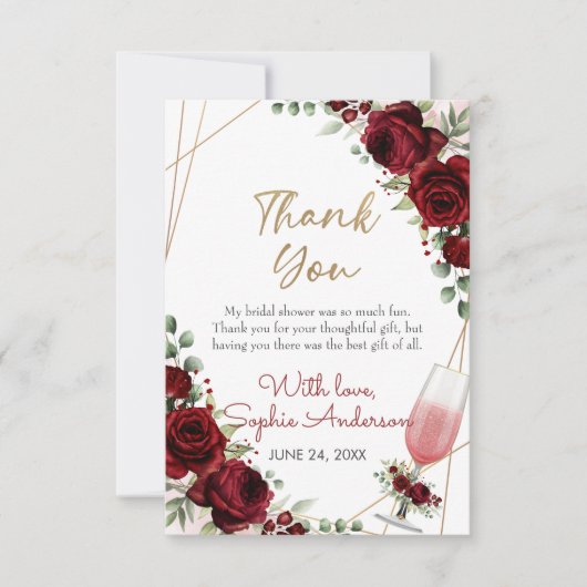 ランチ バブル バーガンディ ワイン ローズ ブライダル シャワー サンキューカード (正面)