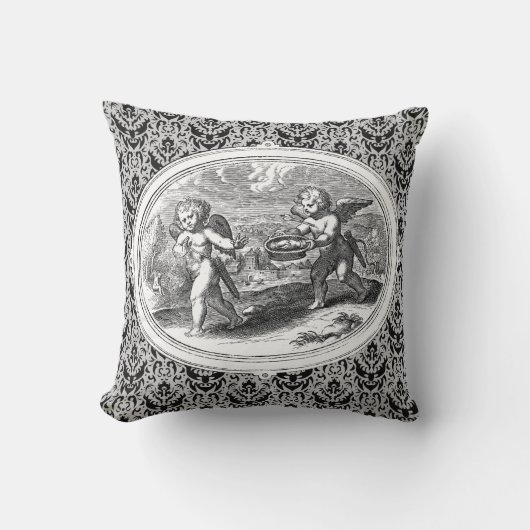 ランドスケープのキューピッドアンティーク版木、銅版、版画 クッション (正面)