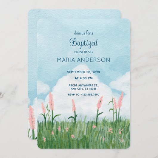 ランドスケープ緑のフィールド青い空バプテスマ 招待状 (正面/裏面)