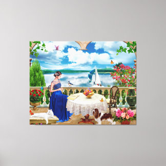 ランドスケープ自然マウンテンウーマンキャットドッグペットポステ キャンバスプリント