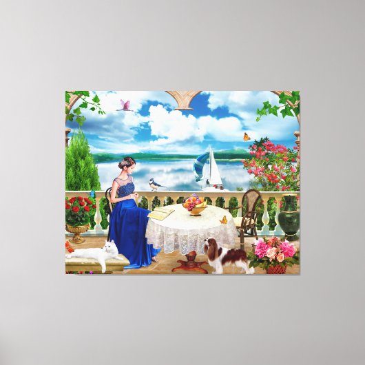 ランドスケープ自然マウンテンウーマンキャットドッグペットポステ キャンバスプリント (正面)