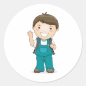 ランドセルを背負った笑顔の男子学生 ラウンドシール (正面)