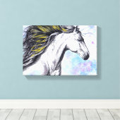 ランニングのウマの水彩画とインクアウマ科のート キャンバスプリント (インサイチュ (ウッドフロア))