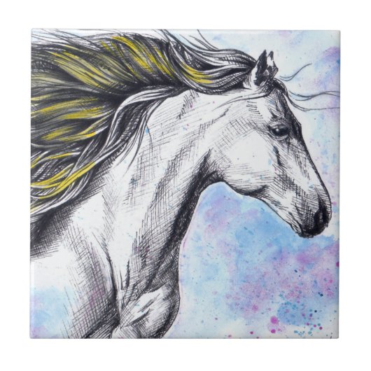 ランニングのウマの水彩画とインクアウマ科のート タイル (正面)