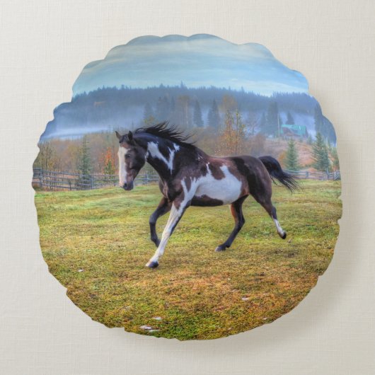 ランニングのピント絵を描ホース&ミスティーモーニングオンランチ ラウンドクッション (正面)