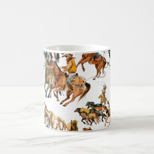 ランニング馬の継ぎ目のないパターン。アメリカのカウボーイ。 コーヒーマグカップ (中央)