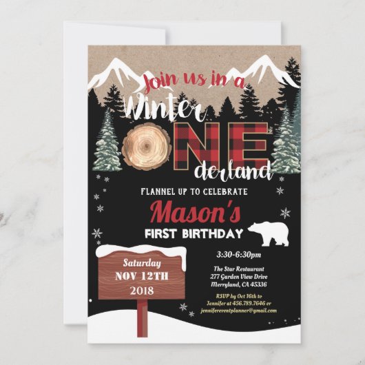ランバージャックの1歳の誕生日の冬のオンダーランドベア 招待状 (正面)