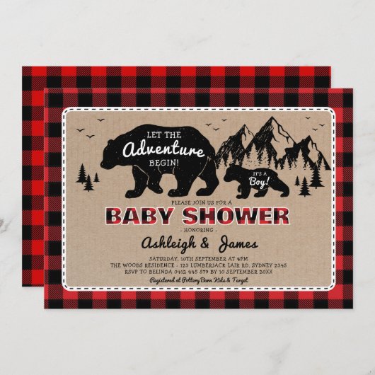 ランバージャックウッドランドベアプライドベビーシャワー 招待状 (正面/裏面)