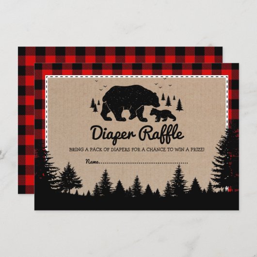 ランバージャックウッドランドベアベビーシャワーおむつラッフル エンクロージャーカード (正面/裏面)