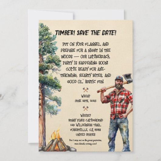 ランバージャックテーマのパーティの招待状 セーブザデート (正面)