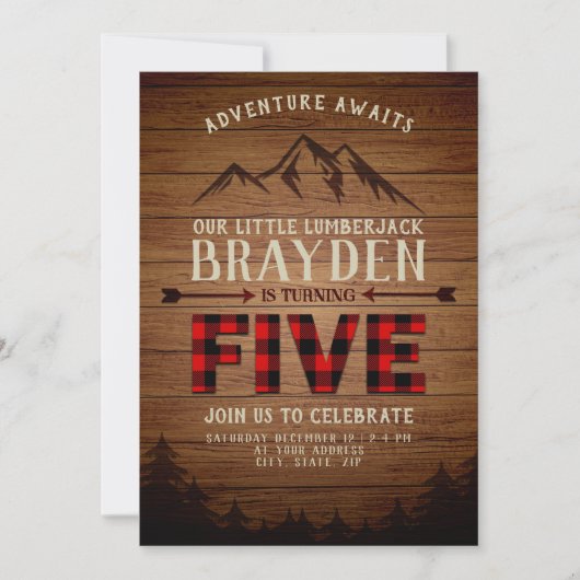 ランバージャックバッファロープレイドフィフス誕生日 招待状 (正面)