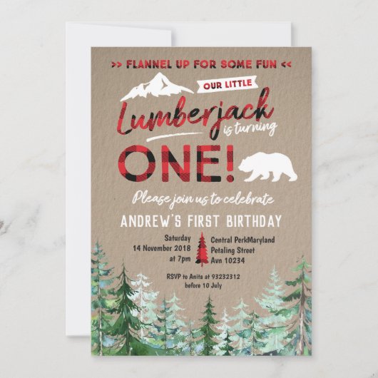 ランバージャックファースト誕生日ウッドランド招待状 招待状 (正面)