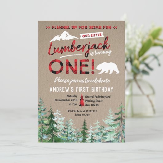 ランバージャックファースト誕生日ウッドランド招待状 招待状 (スタンド正面)