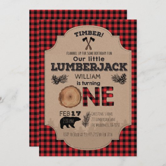 ランバージャックファースト誕生日招待状 招待状 (正面/裏面)