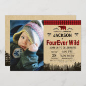 ランバージャックフォーエバーワイルド誕生日ベアーウッドランド 招待状 (正面/裏面)