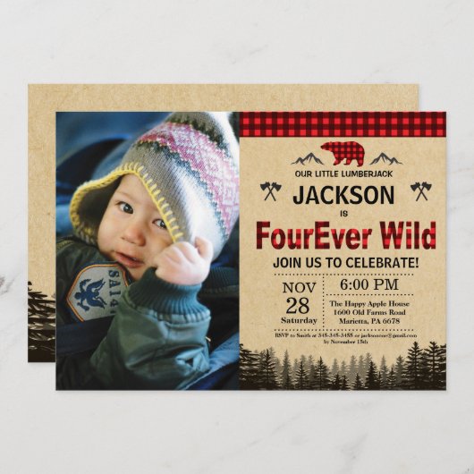 ランバージャックフォーエバーワイルド誕生日ベアーウッドランド 招待状 (正面/裏面)