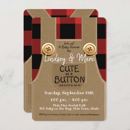 ランバージャックフランネルかわいいボタンベイビーシャワー 招待状 (正面/裏面)