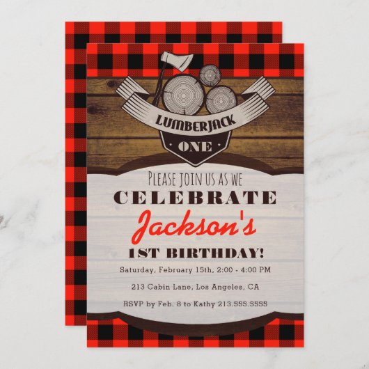 ランバージャックフランネルウッドシーボーイ誕生日招待状 招待状 (正面/裏面)
