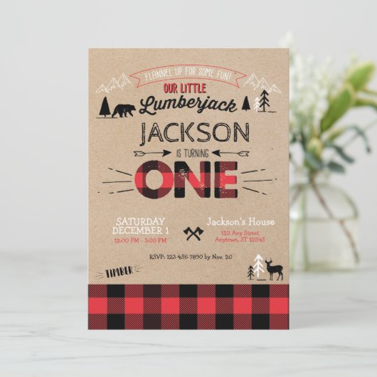ランバージャックフランネルファースト誕生日招待状 招待状 (スタンド正面)
