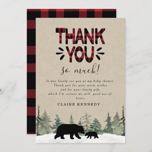 ランバージャックフランネルベビーシャワーサンキューカード 招待状 (正面/裏面)