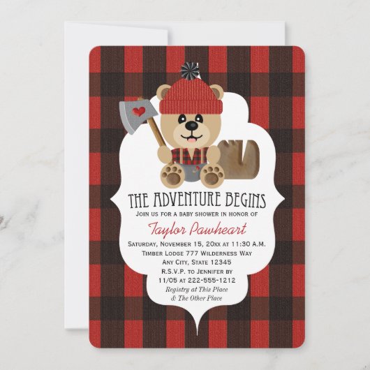 ランバージャックベアワイルドネステーマのベビーシャワー 招待状 (正面)