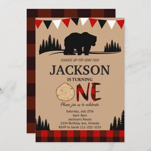 ランバージャックベア素朴1歳の誕生日招待状 招待状 (正面/裏面)