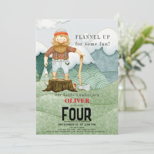 ランバージャックマウンテンズバッファロープレイド子供の誕生日 招待状 (スタンド正面)