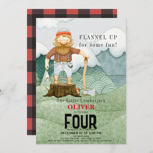 ランバージャックマウンテンズバッファロープレイド子供の誕生日 招待状 (正面/裏面)