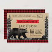 ランバージャック誕生日バッファロープレイドリトルベア 招待状 (正面/裏面)