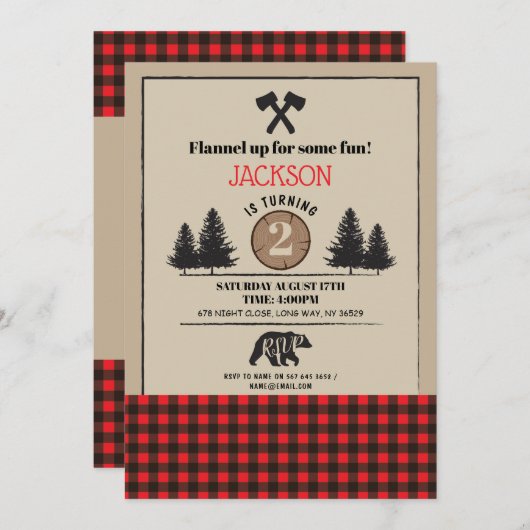 ランバージャック誕生日パーティーアニーエイジ招待状ベアウッド 招待状 (正面/裏面)