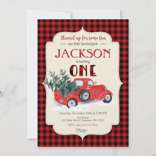 ランバージャック誕生日招待状/レッドトラック 招待状 (正面)