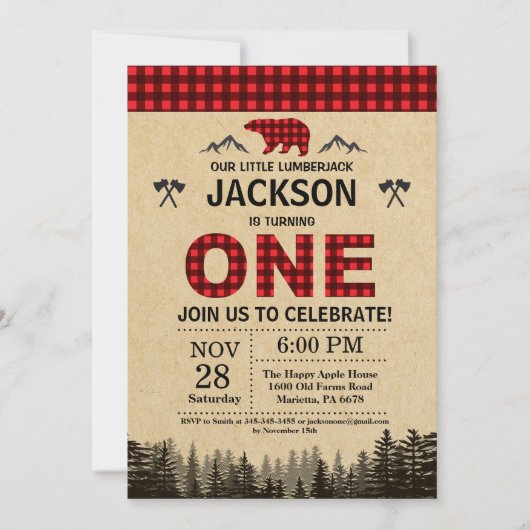 ランバージャック1st誕生日招待状ベアーウッドランド 招待状 (正面)