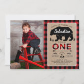 ランバージャック·ウッドランド·ベアワイルド1歳の誕生日 招待状 (正面)