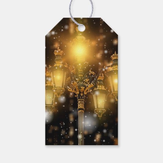 ランプにキラキラした雪が落ちる ギフトタグ (正面)