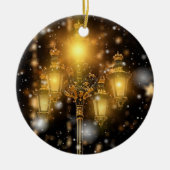 ランプにキラキラした雪が落ちる セラミックオーナメント (正面)