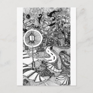 ランプの下の階段ペンとインクイラストレーション ポストカード