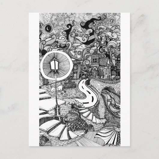 ランプの下の階段ペンとインクイラストレーション ポストカード (正面)