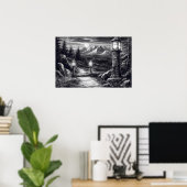 ランプの光の中の森を曲がりくねった古い道 ポスター (ホームオフィス)