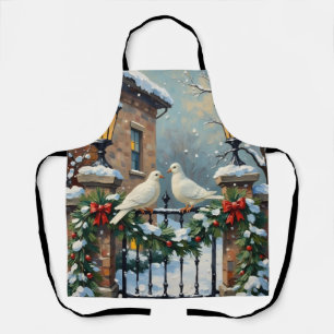 ランプの光る門のビンテージ冬の鳩のクリスマス エプロン