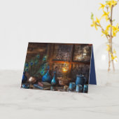 ランプライトシーン素朴な冬のキャビン カード (黄色い花)