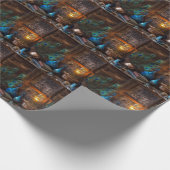 ランプライト素朴な冬のシーン茶色の茶色のキャビン ラッピングペーパー (角)